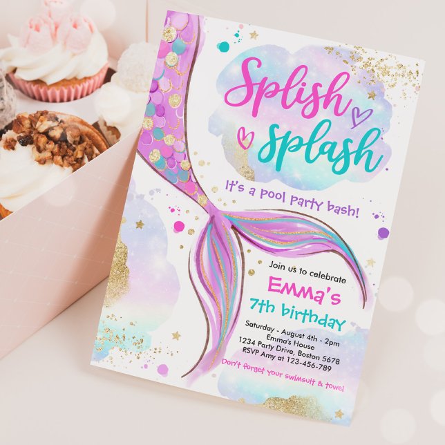 Invitation Fête de sirène de la piscine sirène rose sirène so (Créateur téléchargé)