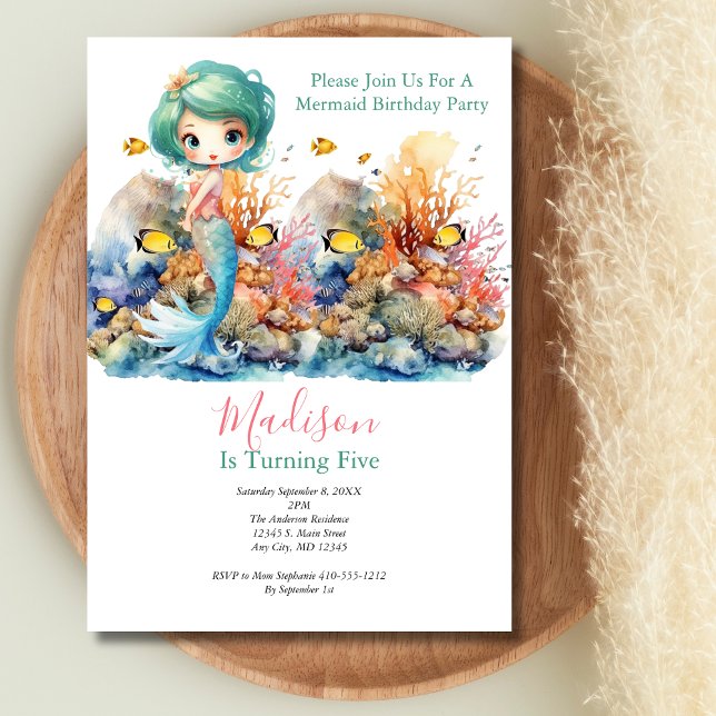 Invitation Fête de Sirène Tendance Populaire Anniversaire Pet (Mermaid Girls Birthday Invitation. Coral Sea life)