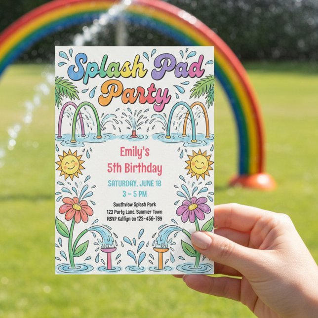 Invitation Fête de Splash Pad Anniversaire Coloré d'Été pour  (Splash Pad Party birthday invitation which you can edit for any age)