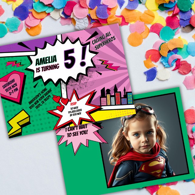 Invitation Fête de super-héros Bande dessinée Anniversaire Ph (Créateur téléchargé)