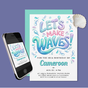 Invitation Fête de surf amusante Menthe Violet Rose Vagues Éc