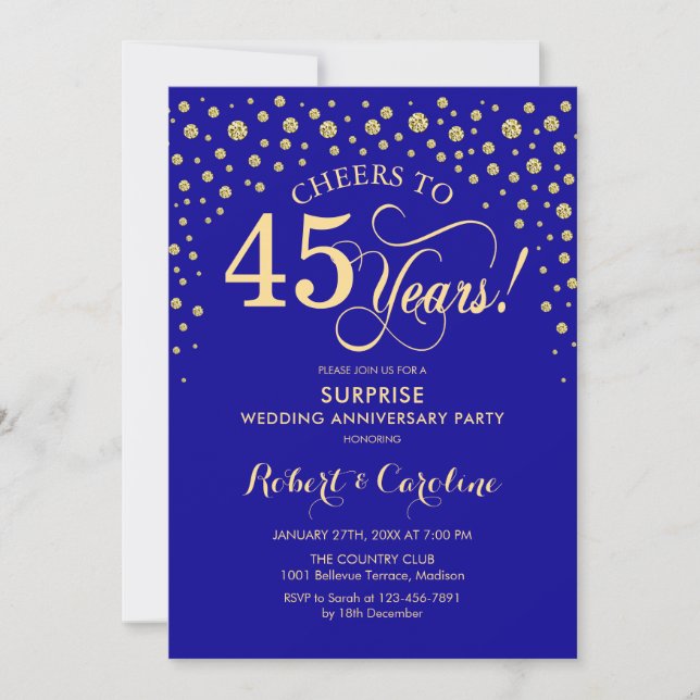 Invitation Fête de Surprise Bleu Saphir Or 45e Anniversaire (Devant)