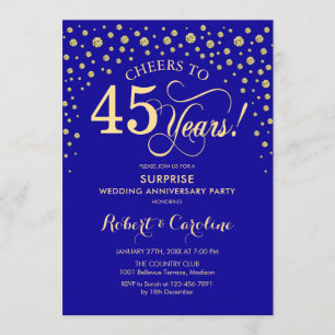 Invitation Fête de Surprise Bleu Saphir Or 45e Anniversaire