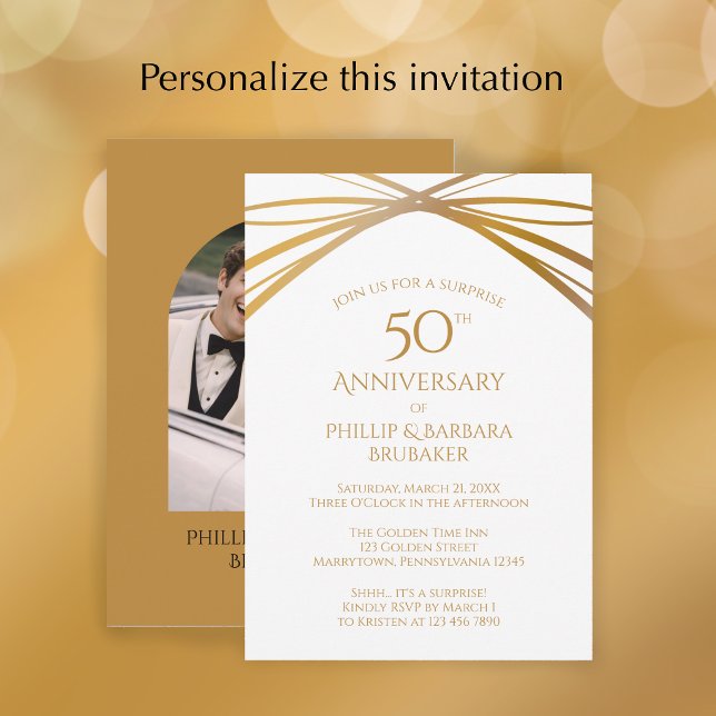Invitation Fête de Surprise pour les 50 ans de Modern Arch Ph (Add a photo and custom text to this elegant faux gold 50th anniversary invitation.
)