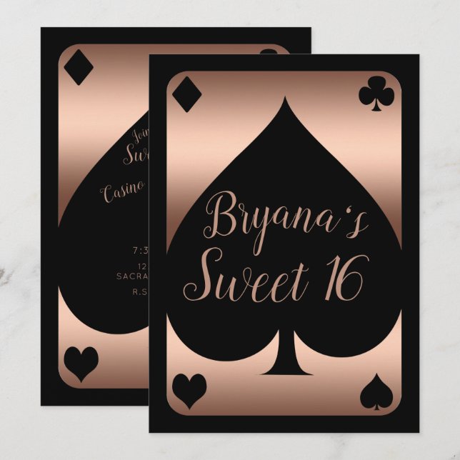 Invitation Fête de Sweet 16 de casino Glam Black & Or Rose (Devant / Derrière)