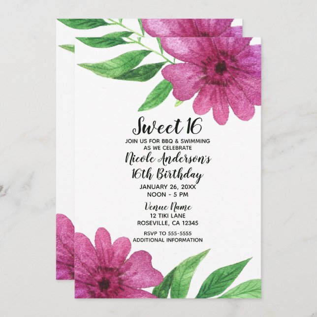 Invitation Fête de Sweet 16 Fleur de Floral Aquarelle Rose (Devant / Derrière)