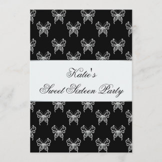 Invitation Fête de Sweet Sixteen élégante papillon noir et bl