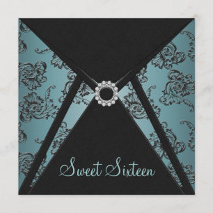 Invitation Fête de Sweet Sixteen en damas noir sarcelle