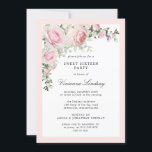 Invitation Fête de Sweet sixteen rose pâle<br><div class="desc">Belle et élégante Invitation de Sweet sixteen Party. Les roses roses blanches sont nichées dans des fleurs blanches d'hydrangée et de verdure. Le texte est une combinaison de polices verticales et italiques. Facile à customiser. L'arrière de l'invitation de la fête est d'un rose pastel doux. Vous pouvez modifier la police,...</div>
