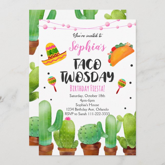 Invitation Fête de Taco Twosday Aquarelle Cactus R (Devant / Derrière)