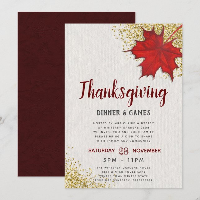 Invitation Fête de Thanksgiving avec feuille (Devant / Derrière)