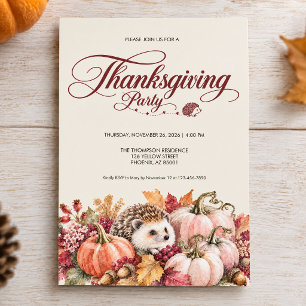 Invitation Fête de Thanksgiving Citrouille Hérisson Aquarelle