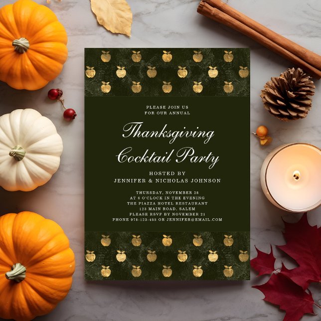 Invitation Fête de Thanksgiving Cocktail Apple Gold Green (Green Gold Apple Thanksgiving Cocktail Party Invitation)
