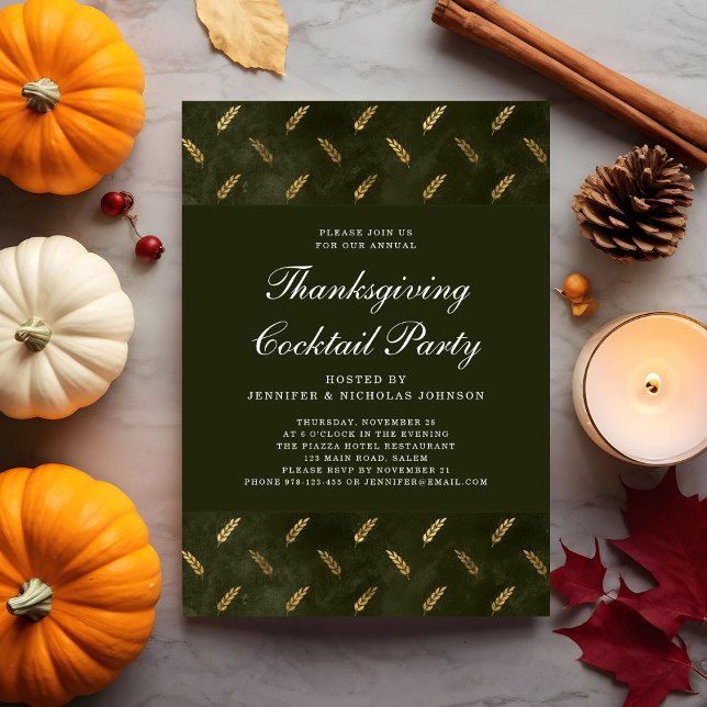 Invitation Fête de Thanksgiving Cocktail Récolte d'Or Vert (Green Gold Crop Thanksgiving Cocktail Party Invitation)