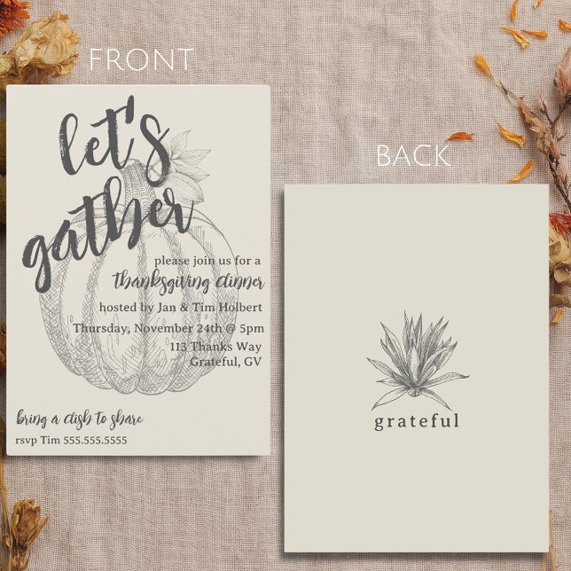 Invitation Fête de Thanksgiving de diner de citrouille rustiq (Let's Gather Elegant Pumpkin Thanksgiving Dinner Invitation)