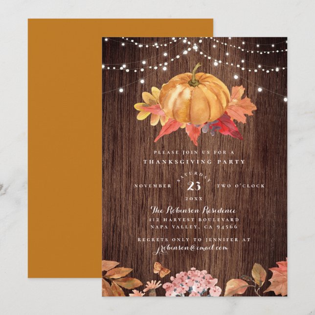 Invitation Fête de Thanksgiving en bois et cordes rustiques (Devant / Derrière)