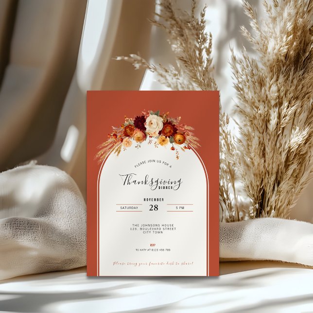 Invitation Fête de Thanksgiving en terre cuite florale  (thanksgiving invitation in autumn style with flowers in earth colors)