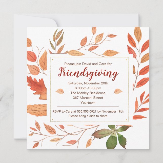 Invitation Fête de Thanksgiving et Friendsgiving avec feuille (Devant)