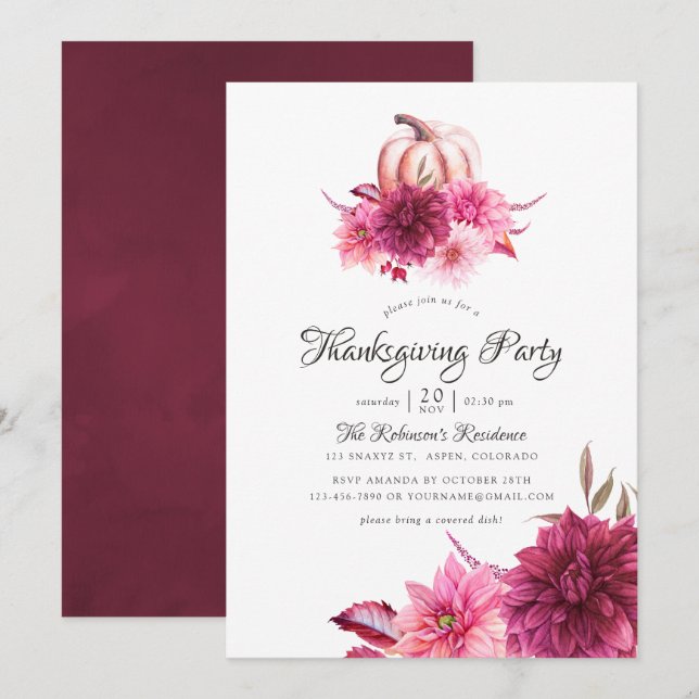 Invitation Fête de Thanksgiving florale Bourgogne et Blush (Devant / Derrière)