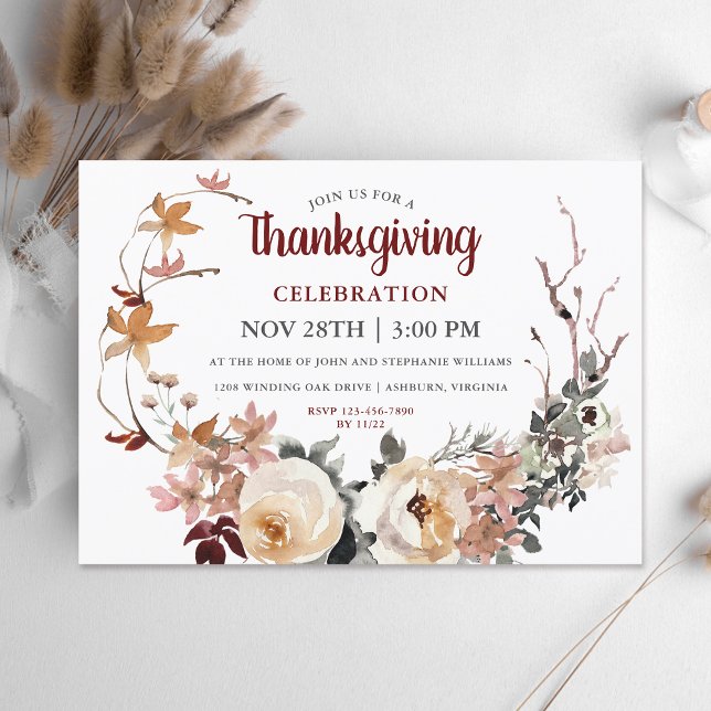 Invitation Fête de Thanksgiving Rustique Floral Wreath (Available in both printed and instant download formats for your convenience.

)