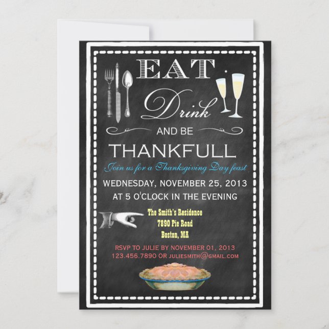 Invitation Fête de Thanksgiving sur tableau noir (Devant)