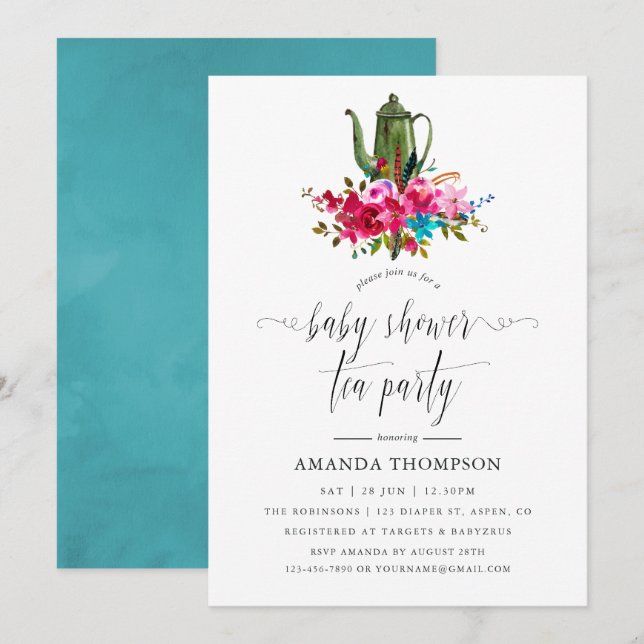 Invitation Fête de thé Bohème Chic Floral pour bébé (Devant / Derrière)