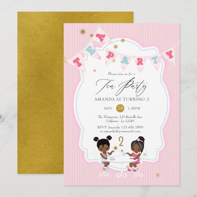 Invitation Fête de thé d'anniversaire de fille de 2 ans avec  (Devant / Derrière)