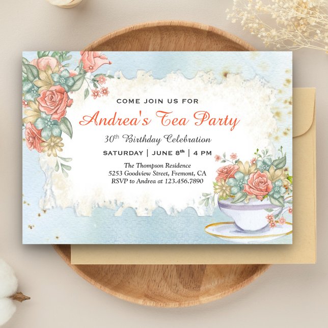 Invitation Fête de thé d'anniversaire florale pastel rustique (Créateur téléchargé)