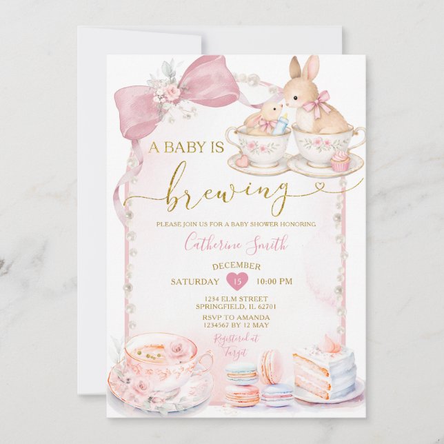 Invitation Fête de thé de bébé rose lapin Baby Shower (Devant)