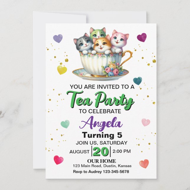 Invitation Fête de thé de chaton mignon Anniversaire tout âge (Devant)