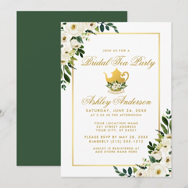 Invitation Fête de thé de la marée Floral Green Gold Invitati (Devant / Derrière)