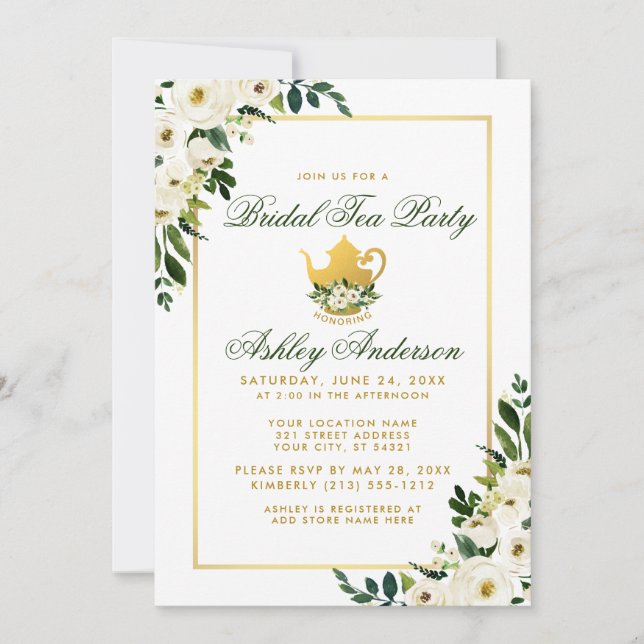 Invitation Fête de thé de la nuptiale Floral Green Gold Invit (Devant)