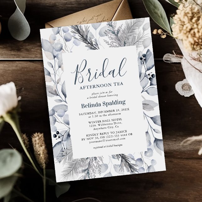 Invitation Fête de thé de mariage à feuillage botanique hiver (Créateur téléchargé)