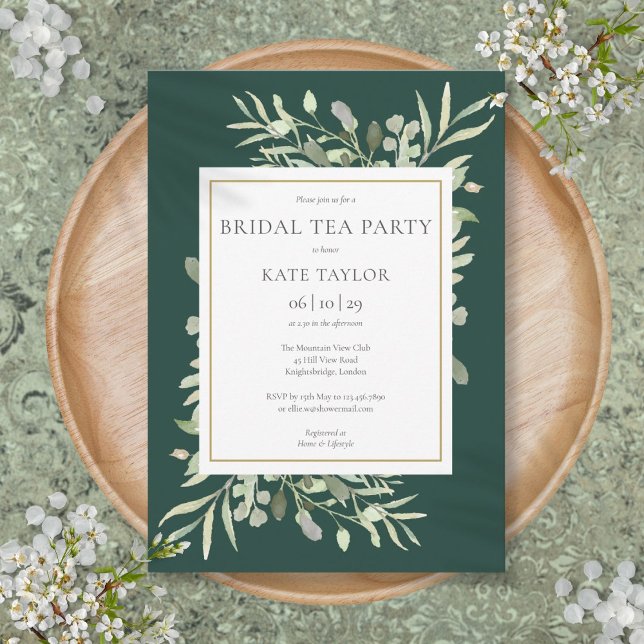 Invitation Fête de thé de mariage à l'aquarelle émeraude verd (Emerald Watercolor Greenery Bridal Tea Party Invitation)