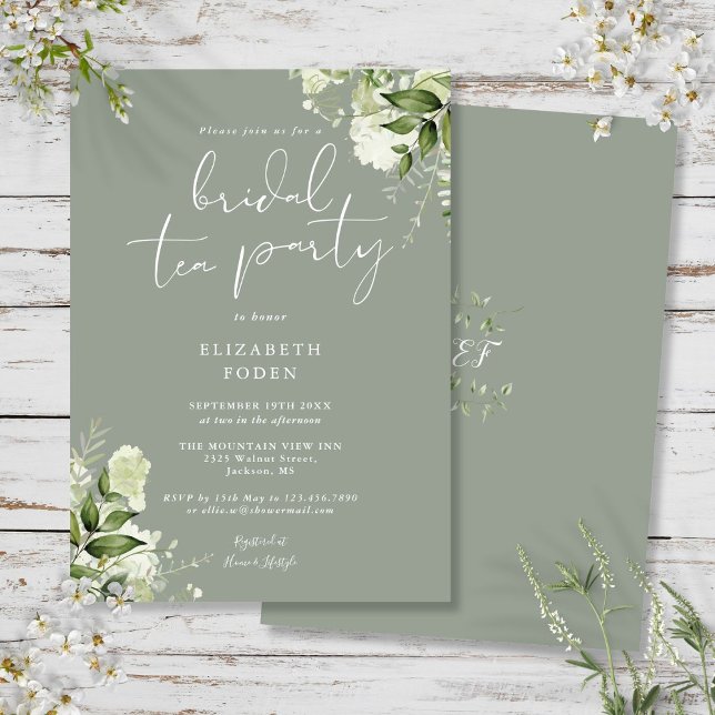 Invitation Fête de thé de mariage au monogramme de verdure ve (Sage Green Greenery Monogram Bridal Tea Party Invitation)