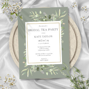 Invitation Fête de thé de mariage au vert sauge avec aquarell