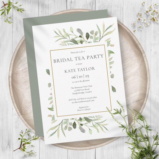Invitation Fête de thé de mariage chic aquarelle verdure or (Watercolor Greenery Chic Gold Bridal Tea Party Invitation)