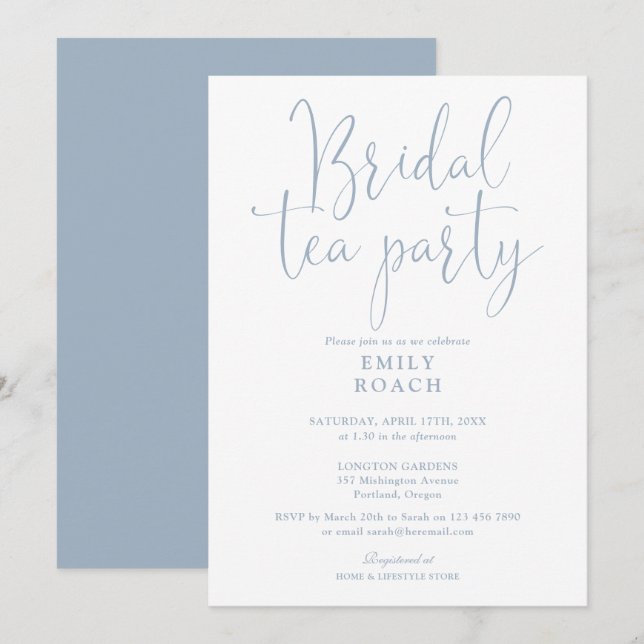 Invitation Fête de thé de mariage élégante et script bleu pou (Devant / Derrière)