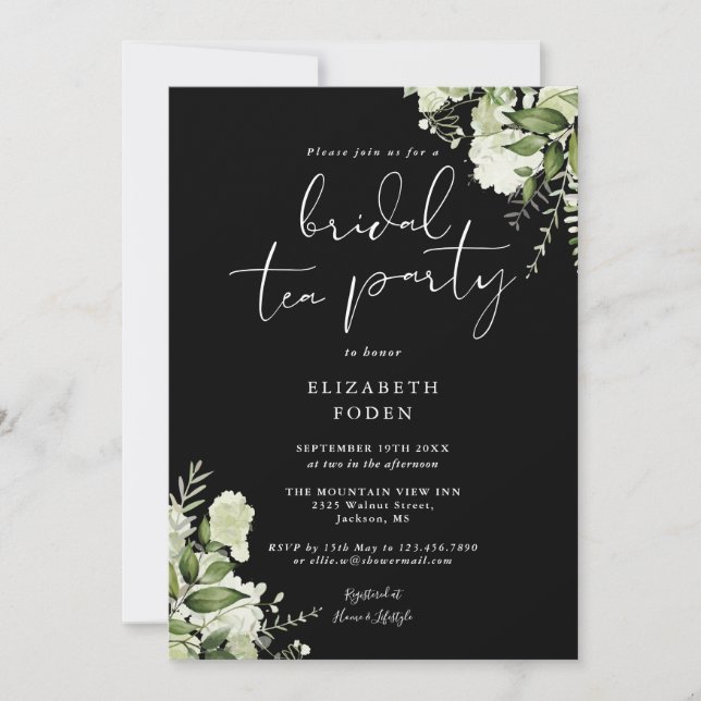 Invitation Fête de thé de mariage en noir et blanc avec monog (Devant)