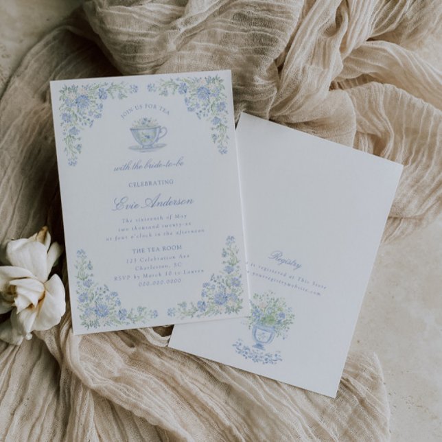 Invitation Fête de thé de mariage floral bleu (Créateur téléchargé)