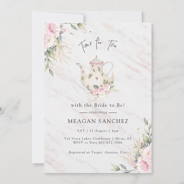Invitation Fête de thé de mariage Floral Blush et Or  (Devant)