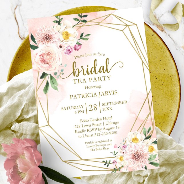Invitation Fête de thé de mariage floral or rose (Créateur téléchargé)