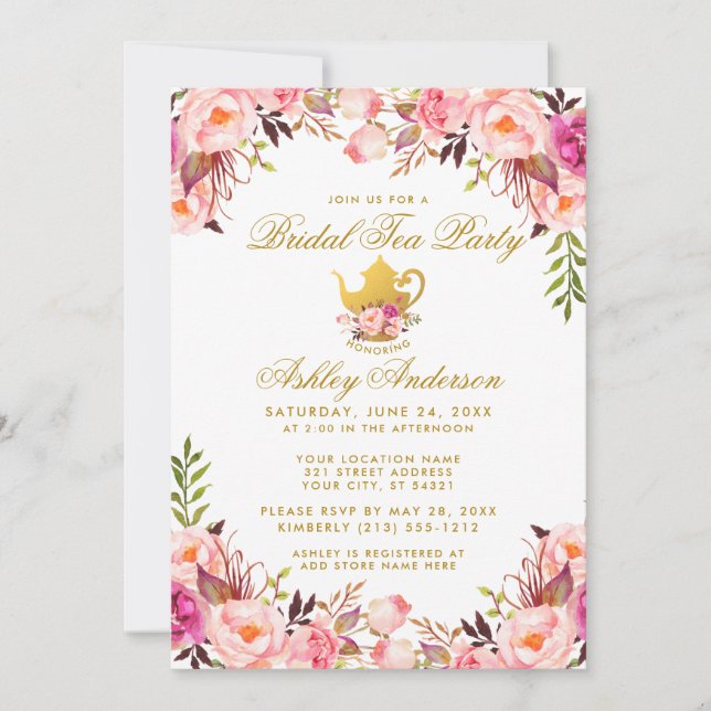 Invitation Fête de thé de mariage floral rose or (Devant)