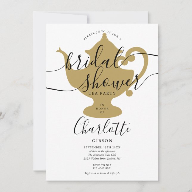 Invitation Fête de Thé de Mariage Noir et Or (Devant)