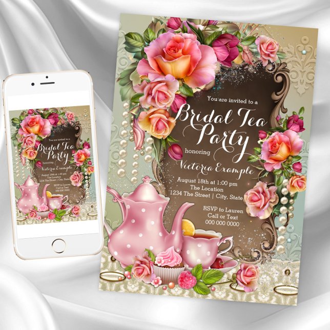 Invitation Fête de thé de mariage Perle Rose Rose (Beautiful Bridal Tea Party Invitation. Instant download and printed invitations available.)
