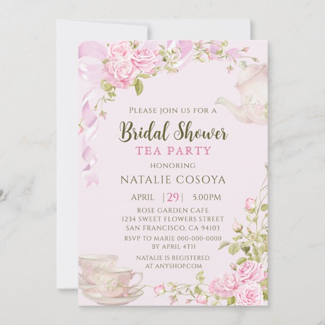 Invitation Fête de thé de mariage romantique aux fleurs rose  (Devant)