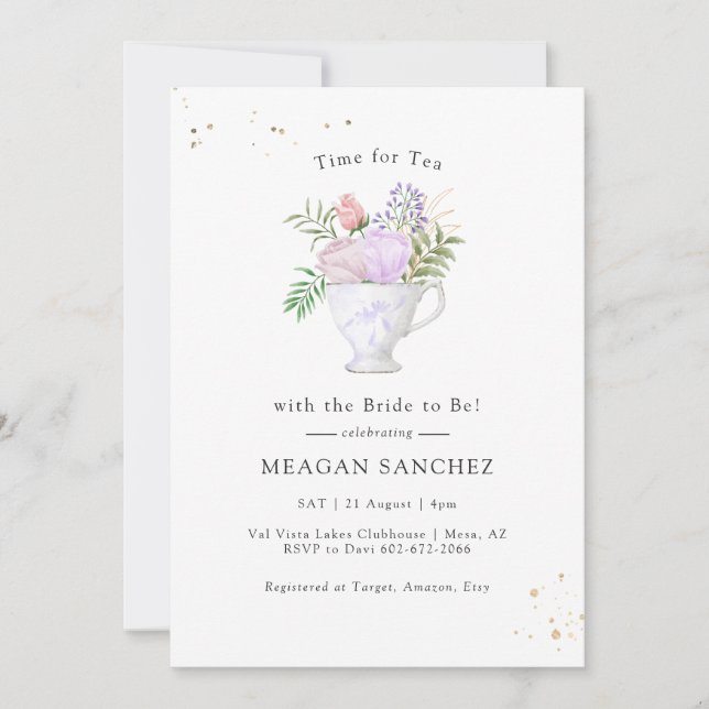 Invitation Fête de thé de mariage rose et or (Devant)