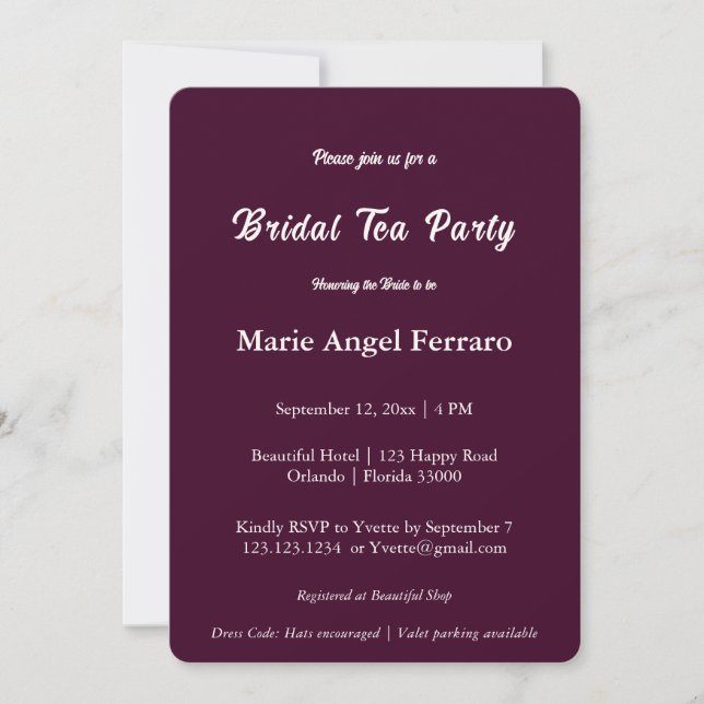 Invitation Fête de thé de mariage script bordeaux plum foncé (Devant)