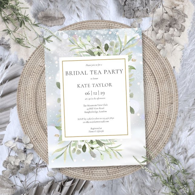 Invitation Fête de thé de mariage verdure flocons de neige d' (Winter Snowflakes Greenery Bridal Tea Party Invitation)