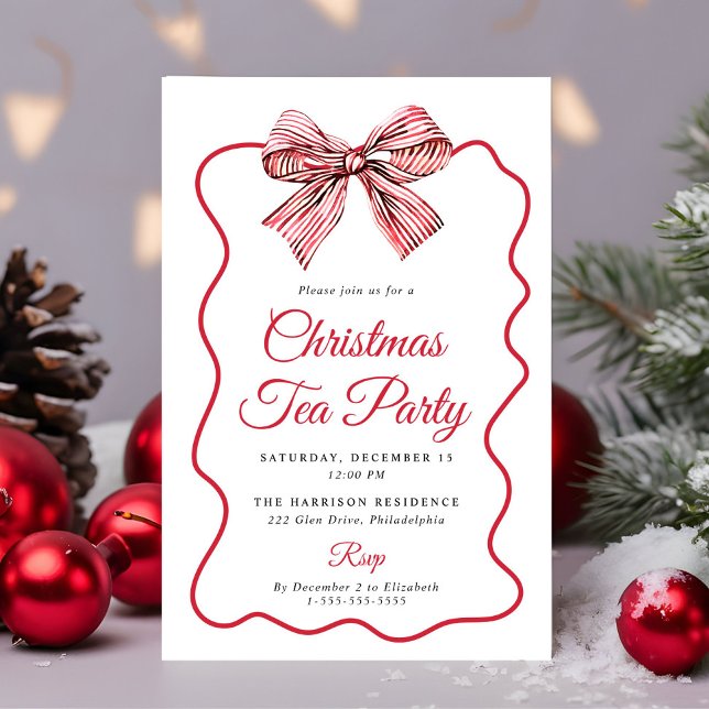 Invitation Fête de thé de Noël avec nœud coquet (Coquette Bow Christmas Tea Party Invitation)
